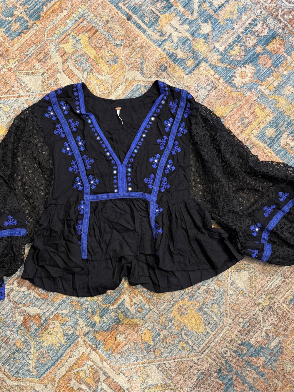 Free People Black Blouse with Royal Blue Embroidery